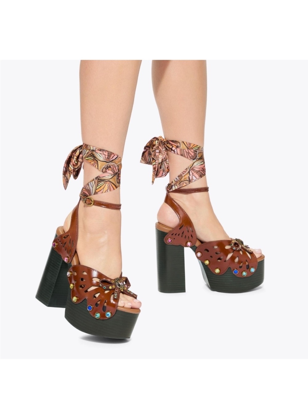 Kurt Geiger Brown Leather Platform Sandals with Multicolor Studs